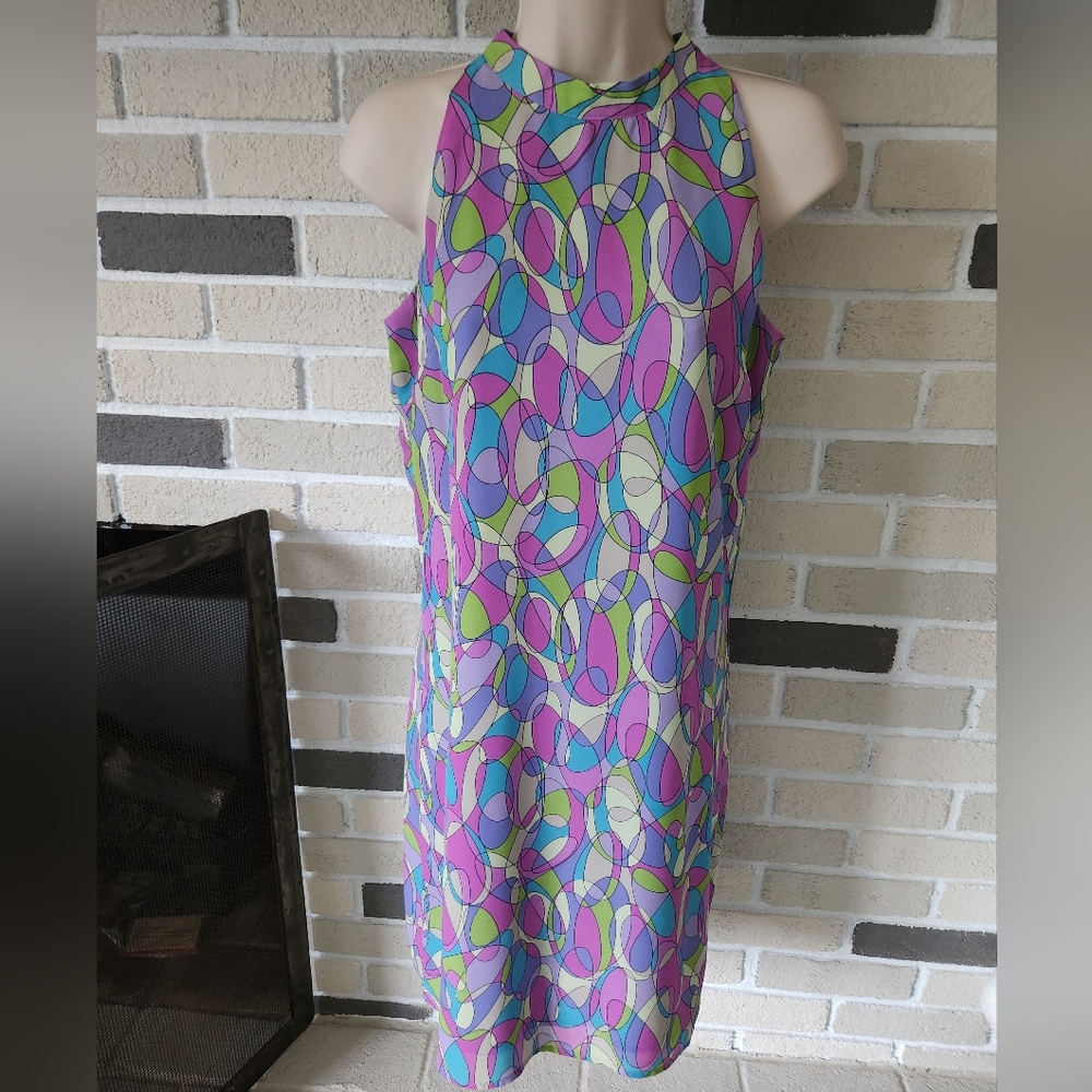 Apostrophe Retro Print Halter Neck Sheer Shift Dress